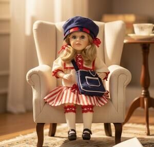 Gorham Peggy American Traveler Friendship Doll Porcelain 15" on Stand